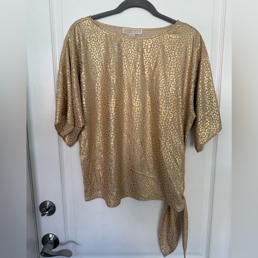 Michael Kors Gold Metallic Leopard Print Blouse Side Tie Top M